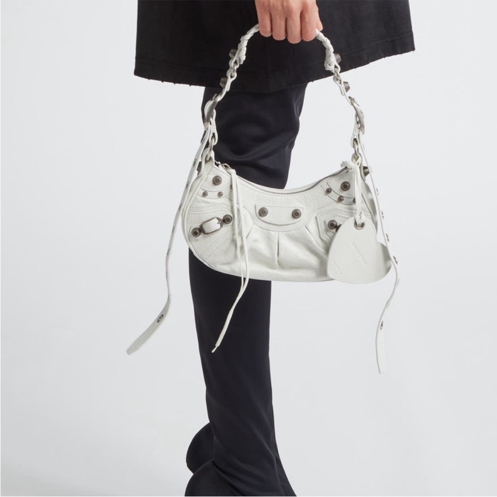 Authentic Balenciaga Le Cagole Zipped XS Shoulder Bag - White & Silver